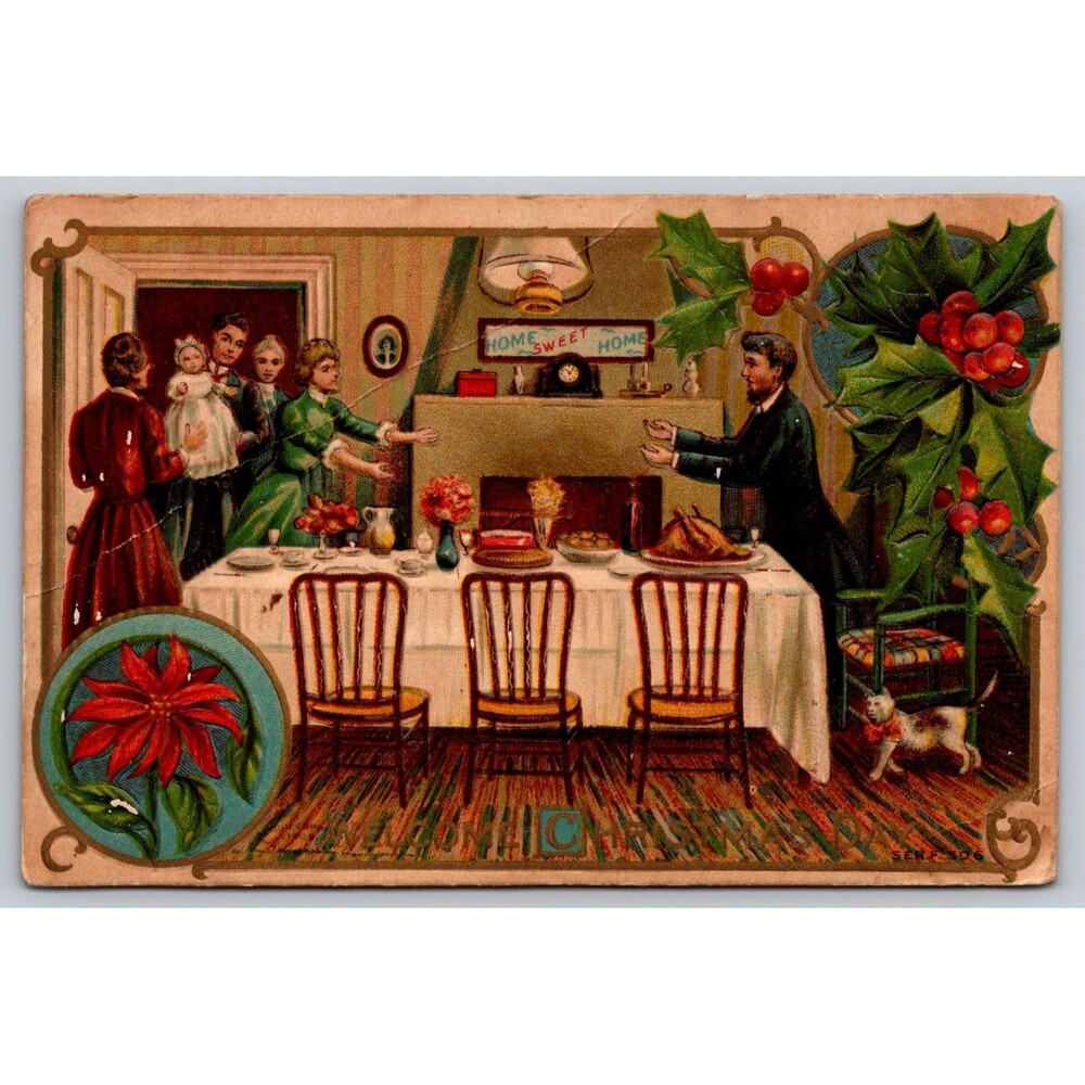 Antique Postcard Welcome Christmas Day Dinner Embossed Cat Baby Posted 1909 MD